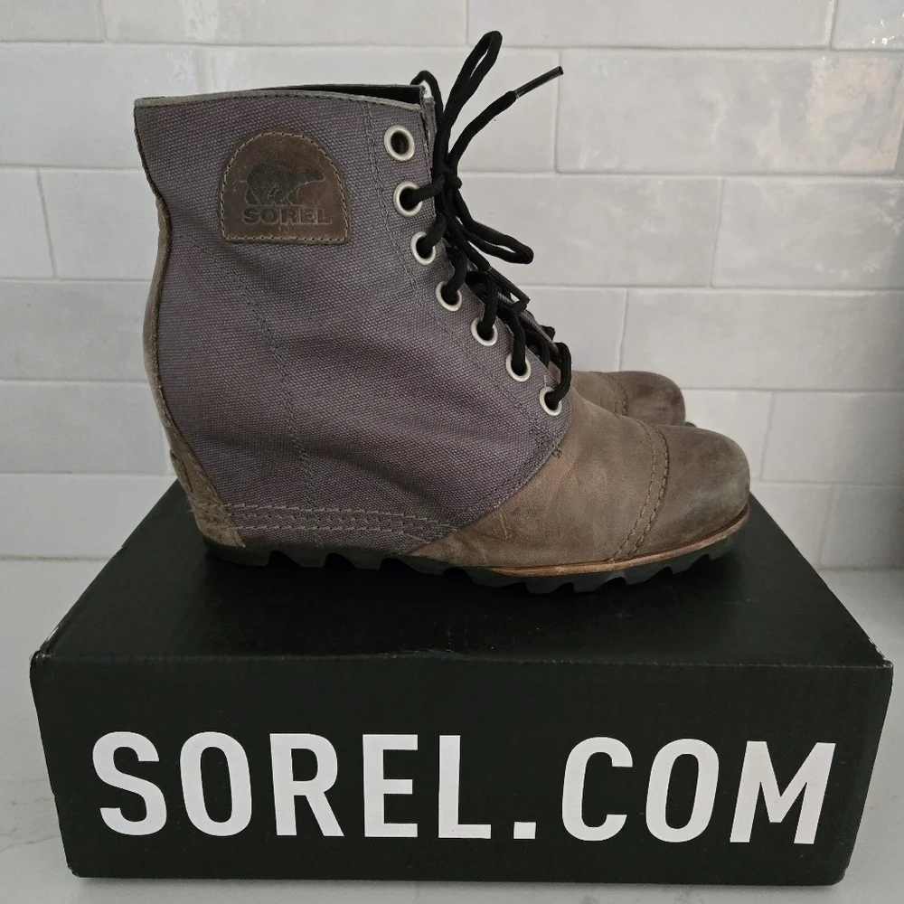 Sorel PDX Lexie Leather Canvas Wedge Lace-Up Ankle Boot Gray Brown Size 8.5 - Picture 1 of 9